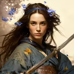 a woman dressed in oriental attire holds a sword and looks into the camera
