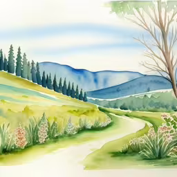 a drawing of a road with some trees on it