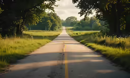 a rural road with trees and some grass
