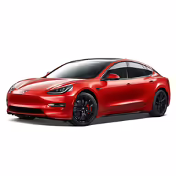 a red electric car in front of a white background