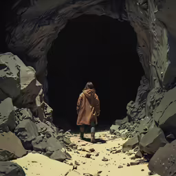 a man in a brown jacket stands alone in a rock - filled tunnel