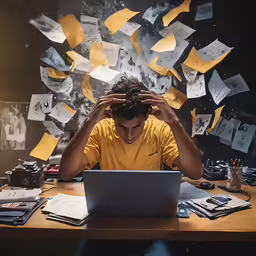 a man is sitting at a table in front of a laptop surrounded by yellow papers