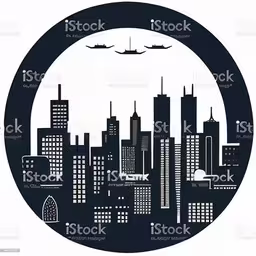 a skyline silhouette in a circle with a boat on top,a cityscape of tall buildings and ships inside a round frame royalty free stock illustration