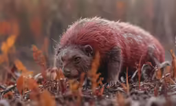 a wet red furry animal walking across a forest floor