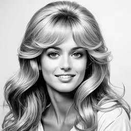 black and white photograph of woman in white shirt smiling