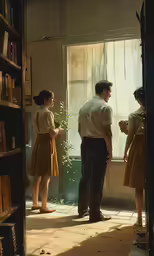 two people standing in an office room with bookshelves