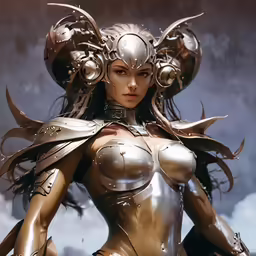 a female with heavy armor and metal gear
