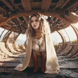 a woman in a cream dress sitting on the ground
