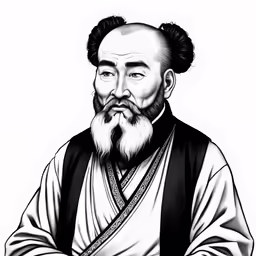 a man with long hair and beard wearing an asian outfit