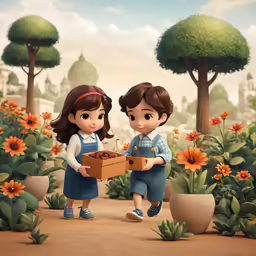 a child carries an empty box in front of another child standing by a flower garden