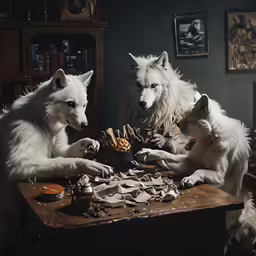 a couple of white foxes are eating some food