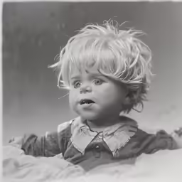 a child with a messy hair looks up