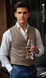 a man is holding a wine glass with a wine bottle