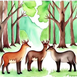 three deer are standing in front of some trees,a drawing of three animals standing in the grass,three deer are in the woods near trees,three deer standing next to each other in front of trees,two deers are standing next to each other in the woods