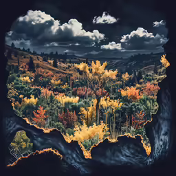 an illustration of a beautiful forest filled with trees