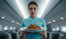 a waitress holding a plate of food with cereal on it