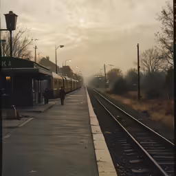 a train station has a train on a cloudy day