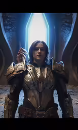 man in armor in front of bright window with bright lighting
