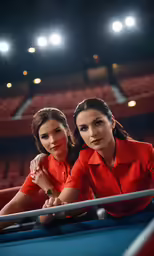 two women are sitting at a pool table