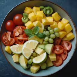 the bowl of chopped fruit is filled with cheese and cherry tomatoes