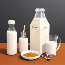 a milk bottle a glass a container and some bottles