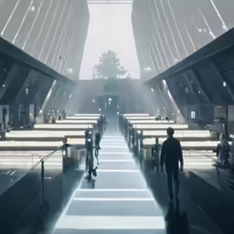 an industrial building has long tables, while a man is walking away from the entrance