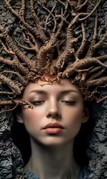 woman with leaves on her head and roots