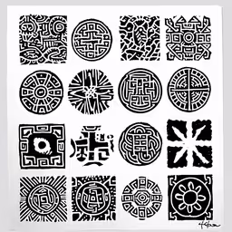 black and white patterns on white background,a paper with multiple symbols on it