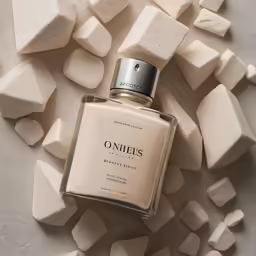 an image of a bottle of perfume on white rocks