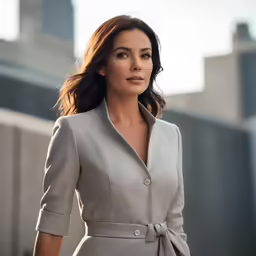 a woman is walking through the streets wearing a nice coat