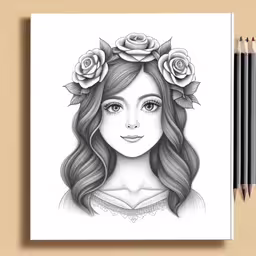 an adult drawing of a woman with flowers in her hair,a girl is drawn with pencils and is looking up