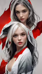 two women with white hair are wearing red outfits