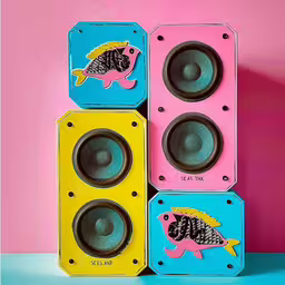 three colorful speakers on top of each other,two colorful speakers are stacked on top of each other