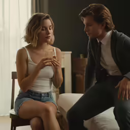 a man and woman in a room staring at something