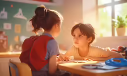 two girls playing in a classroom with toys