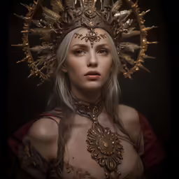 a woman in costume with a gold headpiece and metal jewelry