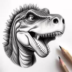 a drawing of a dinosaur with his mouth open and teeth wide,an image of a dinosaur head drawn with pencils