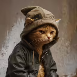 a cat wearing a jacket and hat, with his face peeking out