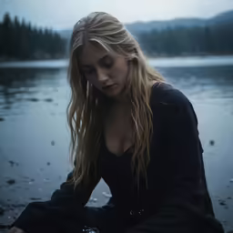 a woman sitting on the water, wearing boots