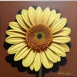 a painting of a sunflower on a brown background,there is a yellow and brown flower on a wall