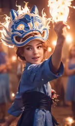 the princess aurora in costume holding sparklers while wearing an elaborate hat