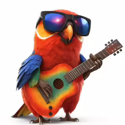 a red parrot plays the guitar with shades on it