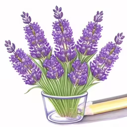 watercolor drawing of lavender flowers in a small blue vase,watercolor painting of purple flowers in a vase