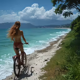 the woman in a bikini is riding her bike by the ocean