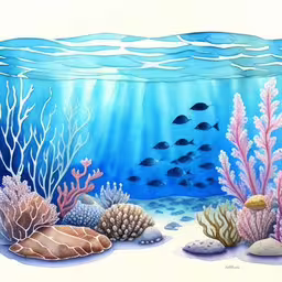 an ocean scene with blue sea water and sea animals,watercolor painting of underwater life and corals,a painting of different types of corals in the ocean,an ocean scene with fish and corals,an underwater painting of corals and other sea life