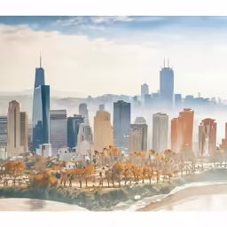 this is a photo of a city with trees on the banks