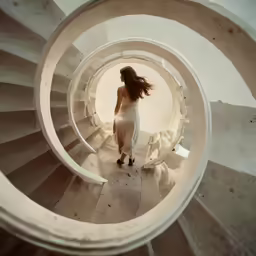 the woman is walking up the spiral stairs