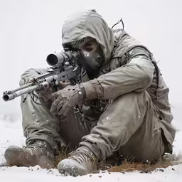 a soldier kneeling in the snow with his rifle