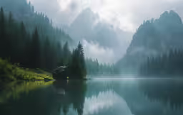 foggy forest reflecting in the still water