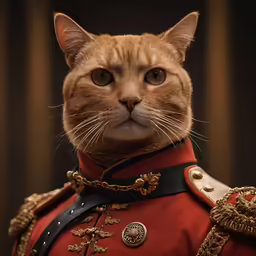 a cat is wearing a red uniform